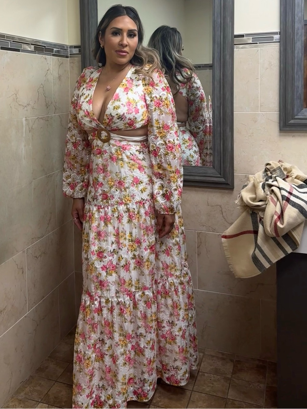 White Floral Maxi Wedding Dress with Pink & Gold Accents
